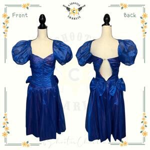 VTG Dance Allure Cocktail Dress Womens Sz 7/8 Blue Ruched Top Sheer Puff Sleeve